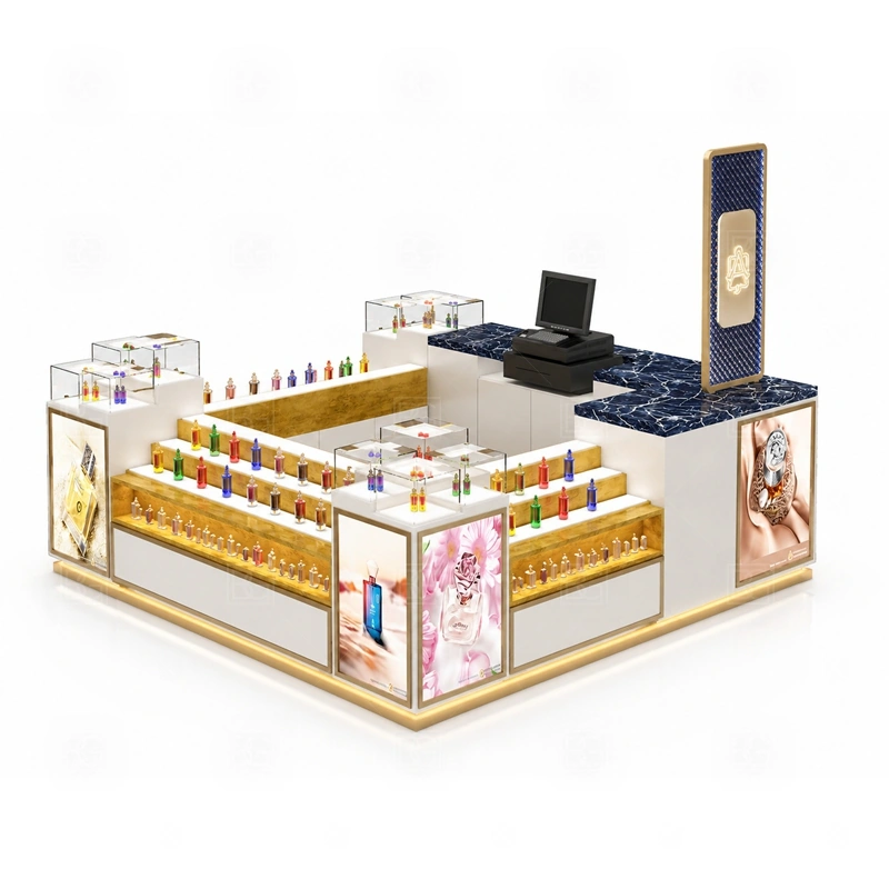 Curved Counter Mall Perfume Kiosk with Logo Tower with glass showcase and product shelving shown in the curved counter mall perfume kiosk with logo tower product photos for fragrance and perfume retail