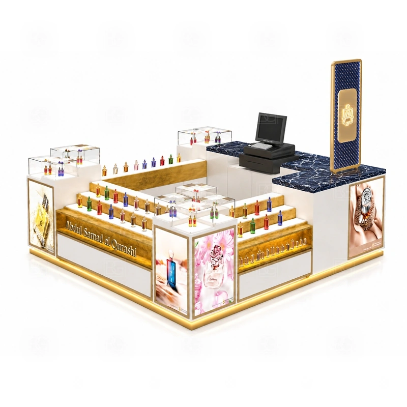 Curved Counter Mall Perfume Kiosk with Logo Tower layout showing curved fragrance counter layout with customer-facing bottle display shown in the curved counter mall perfume kiosk with logo tower product photos, with brand-led retail locations where signage and product visibility need to work together