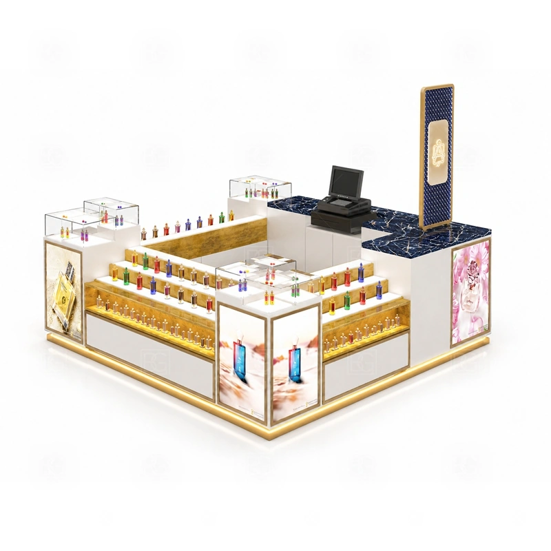 Curved Counter Mall Perfume Kiosk with Logo Tower display detail for tempered glass showcases and visible perfume bottle display zones planned for perfume bottles, testers, gift sets, fragrance boxes, and small beauty products, arranged around the visible showcase rhythm of Curved Counter Mall Perfume Kiosk with Logo Tower