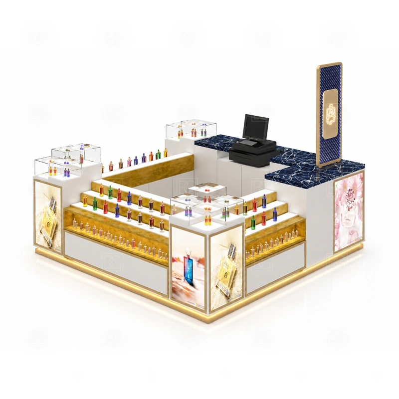 Curved Counter Mall Perfume Kiosk with Logo Tower branding detail for tall logo tower and warm LED brand lighting coordinated with fragrance brand color, logo panels, front graphics, and mall visibility needs, tuned to the logo position and visible brand surfaces of Curved Counter Mall Perfume Kiosk with Logo Tower
