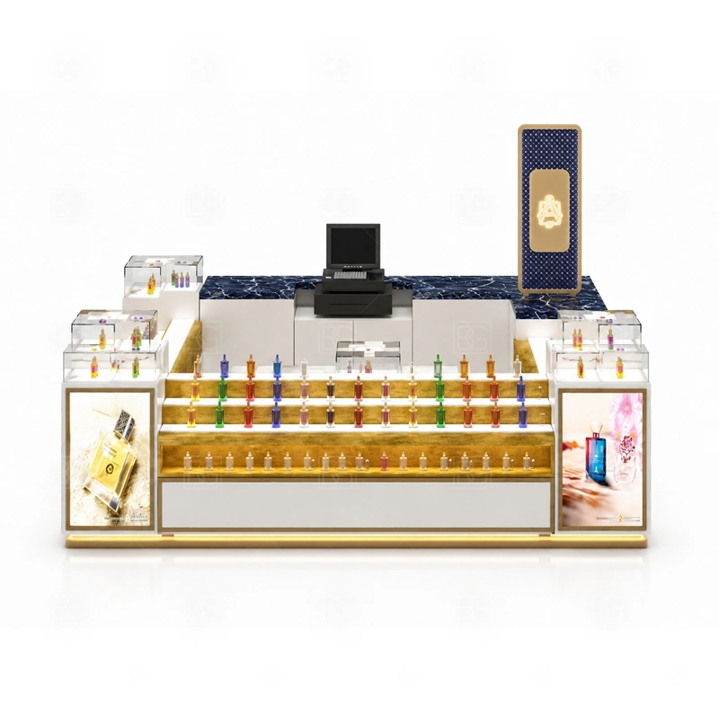 Curved Counter Mall Perfume Kiosk with Logo Tower storage detail for lockable drawers, bottle stock cabinets, tester storage, packaging space, and cable access planned for curved counter mall perfume kiosk with logo tower