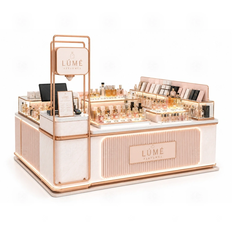 Curved Counter Perfume Display Counter for Sale with logo tower and illuminated signage shown in the curved counter perfume display counter for sale product photos for fragrance and perfume retail