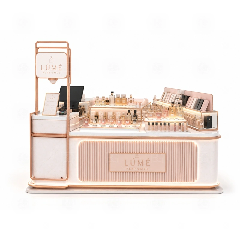 Curved Counter Perfume Display Counter for Sale layout showing curved fragrance counter layout with customer-facing bottle display shown in the curved counter perfume display counter for sale product photos, with front-facing mall traffic with a clear customer approach and staff side behind the counter