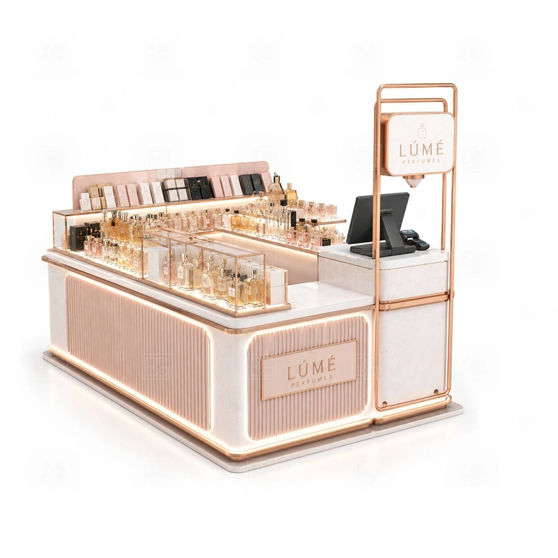 Curved Counter Perfume Display Counter for Sale display detail for tester counter, scent bar area, and bottle display shelves planned for perfume bottles, testers, gift sets, fragrance boxes, and small beauty products, arranged around the visible showcase rhythm of Curved Counter Perfume Display Counter for Sale