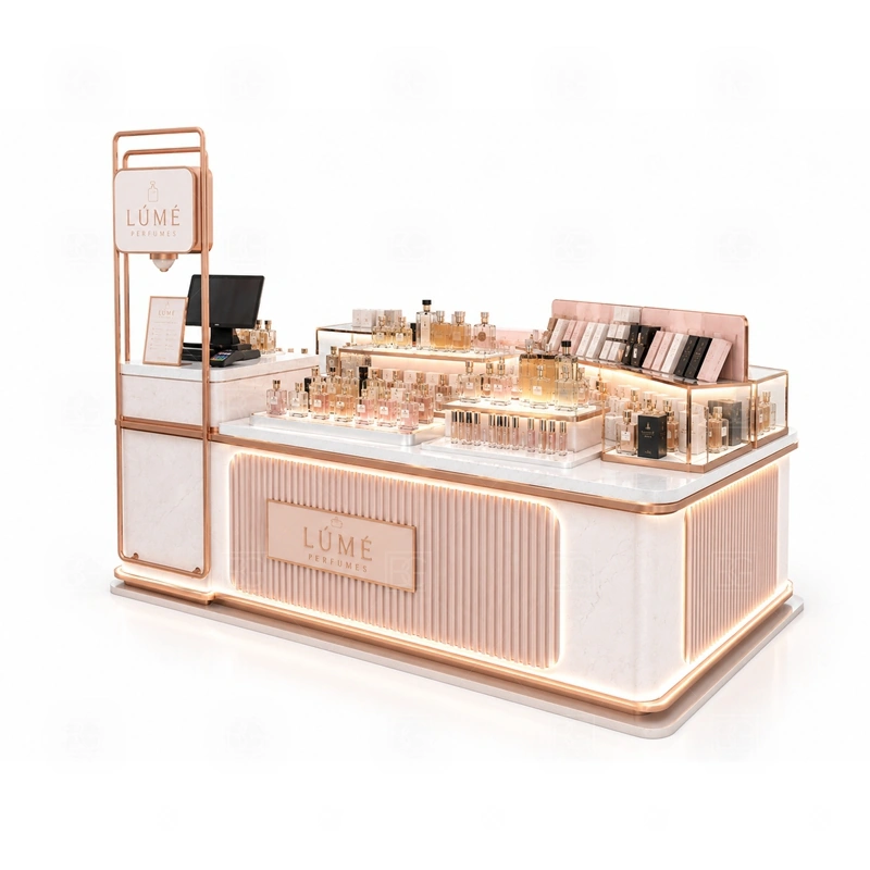 Curved Counter Perfume Display Counter for Sale branding detail for tall logo tower and warm LED brand lighting coordinated with fragrance brand color, logo panels, front graphics, and mall visibility needs, tuned to the logo position and visible brand surfaces of Curved Counter Perfume Display Counter for Sale