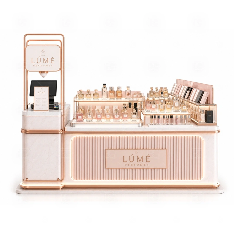 Curved Counter Perfume Display Counter for Sale storage detail for lockable drawers, bottle stock cabinets, tester storage, packaging space, and cable access planned for curved counter perfume display counter for sale