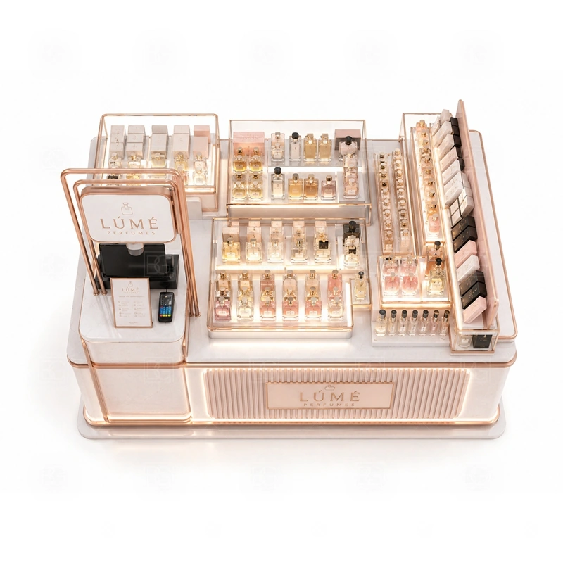 Curved Counter Perfume Display Counter for Sale buyer planning detail for Curved Counter Perfume Display Counter for Sale target size, bottle display quantity, tester counter size, logo sign dimensions, glass showcase size, lighting color, mall rules, destination country