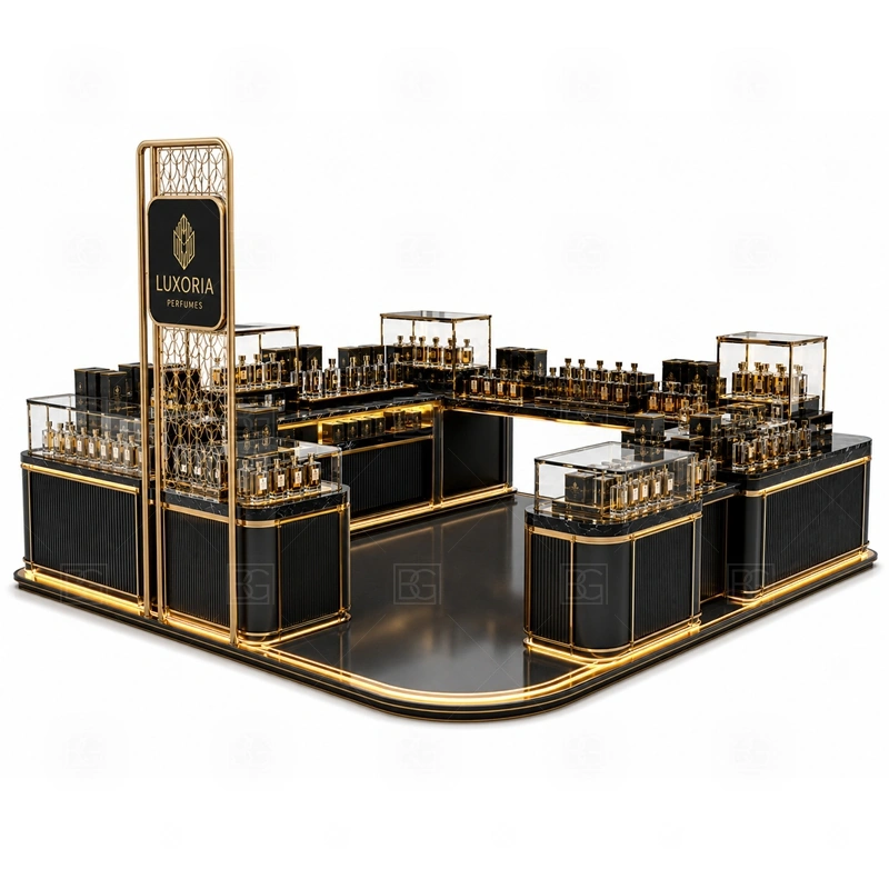 Custom Perfume Display Counter with Lockable Storage with multi-side customer browsing shown in the custom perfume display counter with lockable storage product photos for fragrance and perfume retail