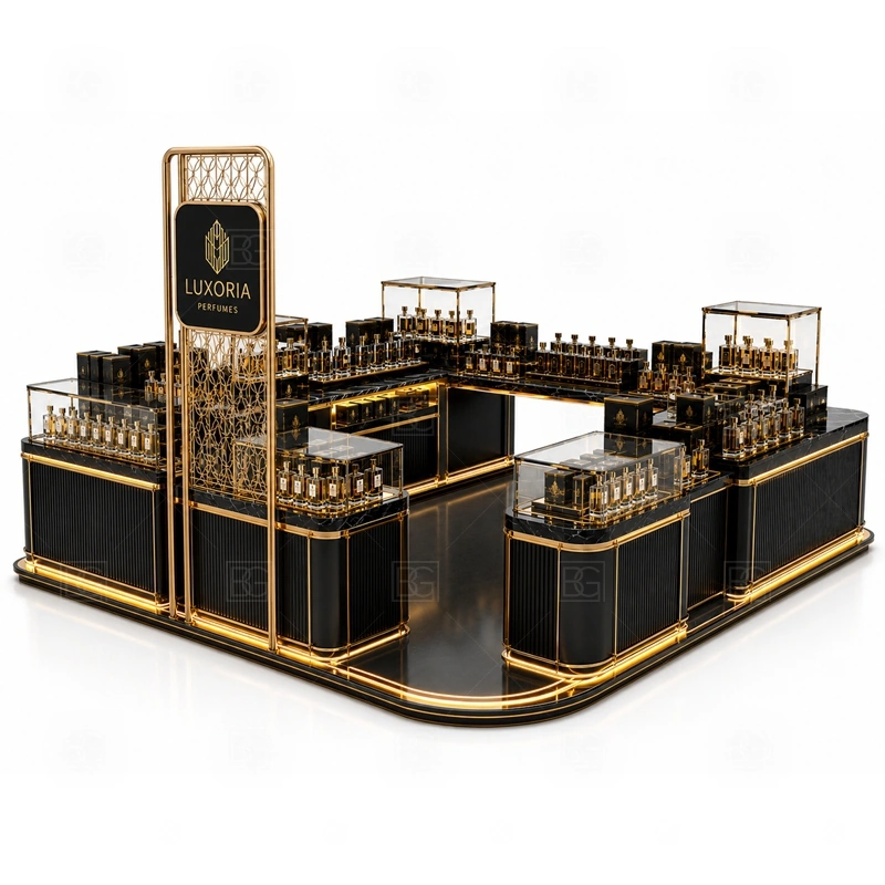 Custom Perfume Display Counter with Lockable Storage layout showing shopping mall perfume kiosk layout with display counters, storage, and cashier planning shown in the custom perfume display counter with lockable storage product photos, with brand-led retail locations where signage and product visibility need to work together