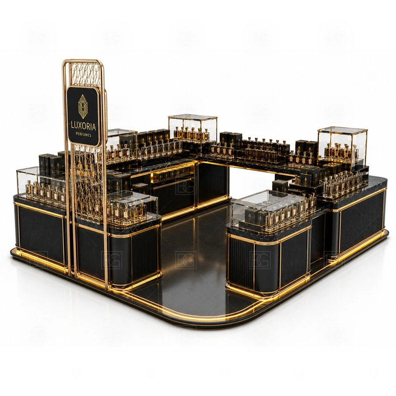 Custom Perfume Display Counter with Lockable Storage display detail for perfume bottle displays, glass counters, and small product shelving planned for perfume bottles, testers, gift sets, fragrance boxes, and small beauty products, arranged around the visible showcase rhythm of Custom Perfume Display Counter with Lockable Storage