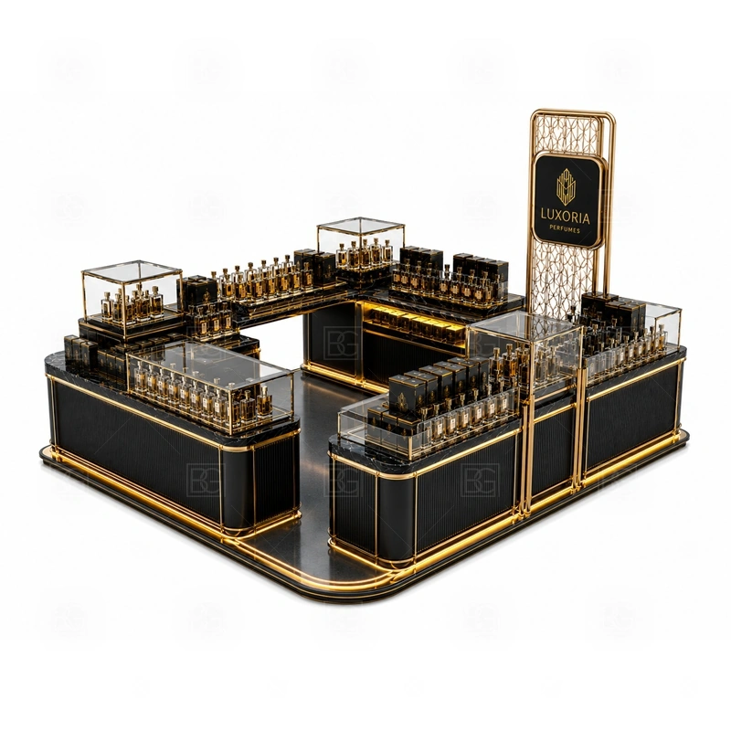 Custom Perfume Display Counter with Lockable Storage branding detail for premium logo signage with coordinated gold trim details coordinated with fragrance brand color, logo panels, front graphics, and mall visibility needs, tuned to the logo position and visible brand surfaces of Custom Perfume Display Counter with Lockable Storage