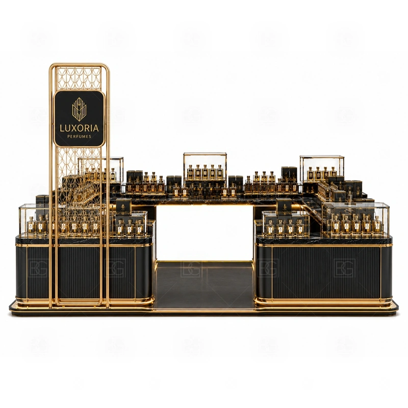 Custom Perfume Display Counter with Lockable Storage storage detail for lockable drawers, bottle stock cabinets, tester storage, packaging space, and cable access planned for custom perfume display counter with lockable storage
