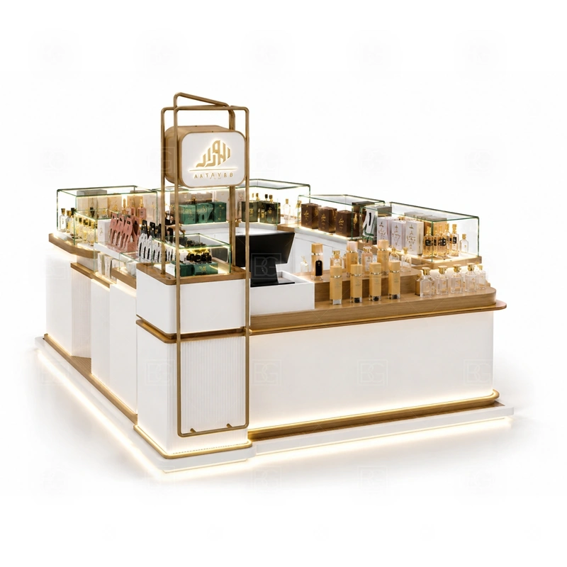 Custom Perfume Kiosk for Sale with logo tower and illuminated signage shown in the custom perfume kiosk for sale product photos for fragrance and perfume retail