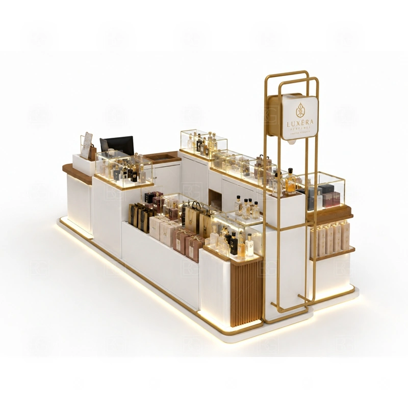 Custom Perfume Kiosk for Sale display detail for tester counter, scent bar area, and bottle display shelves planned for perfume bottles, testers, gift sets, fragrance boxes, and small beauty products, arranged around the visible showcase rhythm of Custom Perfume Kiosk for Sale
