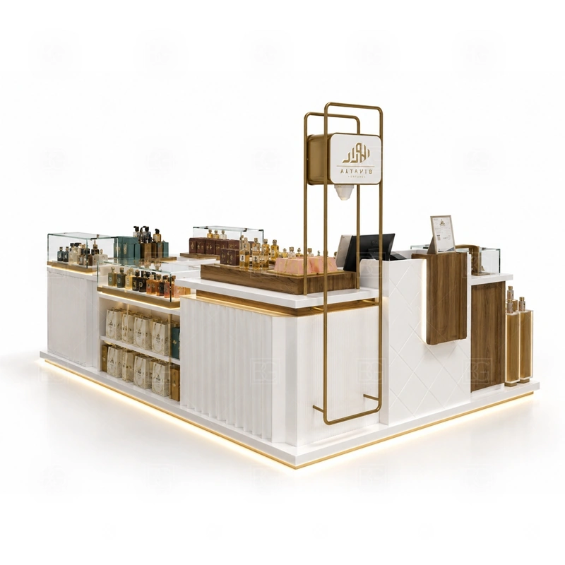 Custom Perfume Kiosk for Sale branding detail for tall logo tower and warm LED brand lighting coordinated with fragrance brand color, logo panels, front graphics, and mall visibility needs, tuned to the logo position and visible brand surfaces of Custom Perfume Kiosk for Sale
