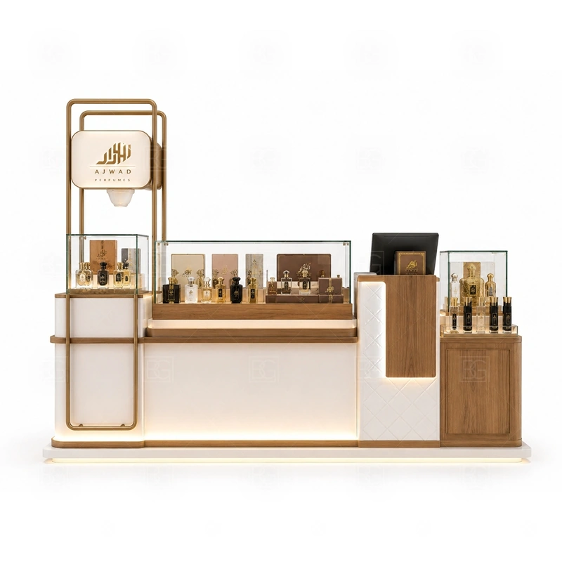Custom Perfume Kiosk for Sale storage detail for lockable drawers, bottle stock cabinets, tester storage, packaging space, and cable access planned for custom perfume kiosk for sale