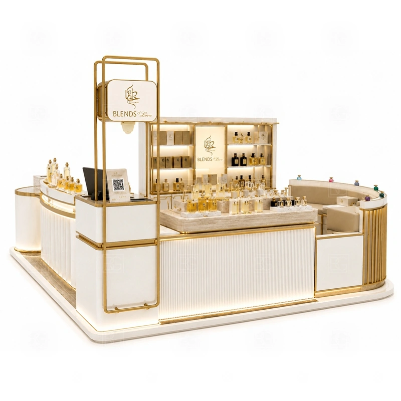 Custom Scent Bar Kiosk with Logo Tower with glass showcase and product shelving shown in the custom scent bar kiosk with logo tower product photos for fragrance and perfume retail