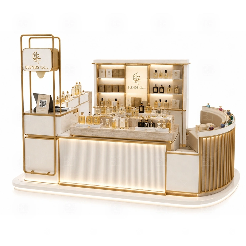 Custom Scent Bar Kiosk with Logo Tower layout showing shopping mall perfume kiosk layout with display counters, storage, and cashier planning shown in the custom scent bar kiosk with logo tower product photos, with food court traffic where order, payment, and pickup need a clean sequence
