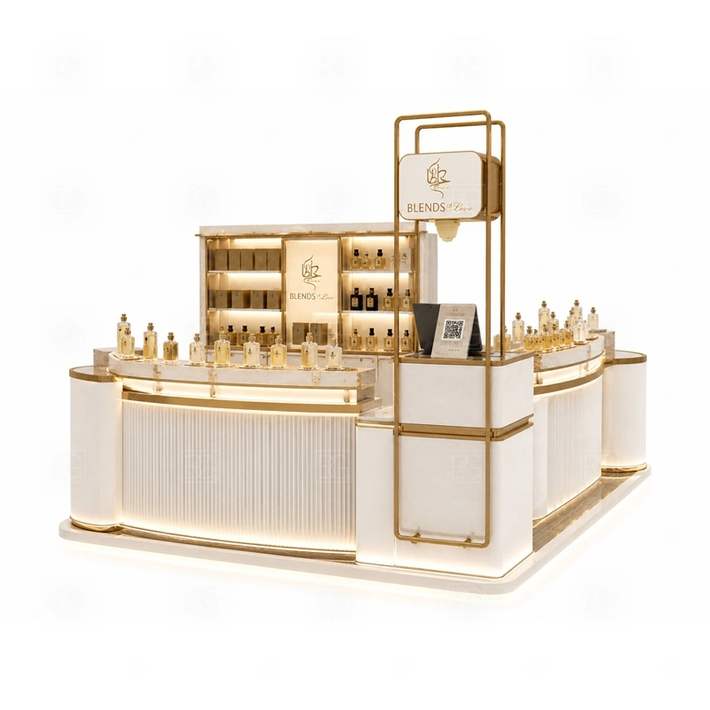 Custom Scent Bar Kiosk with Logo Tower display detail for tempered glass showcases and visible perfume bottle display zones planned for perfume bottles, testers, gift sets, fragrance boxes, and small beauty products, arranged around the visible showcase rhythm of Custom Scent Bar Kiosk with Logo Tower