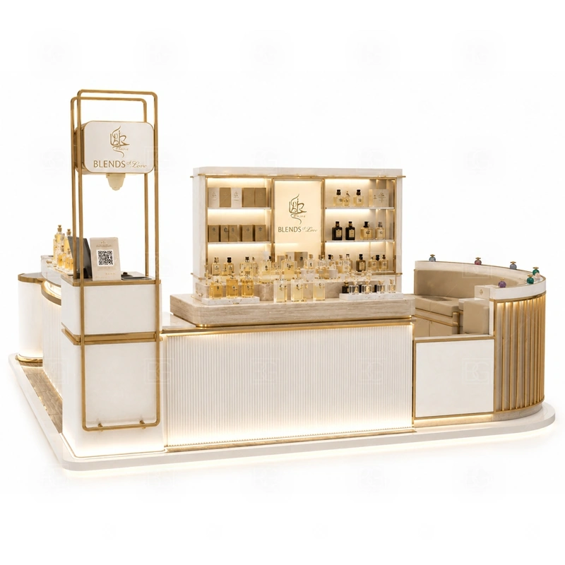Custom Scent Bar Kiosk with Logo Tower branding detail for tall logo tower and warm LED brand lighting coordinated with fragrance brand color, logo panels, front graphics, and mall visibility needs, tuned to the logo position and visible brand surfaces of Custom Scent Bar Kiosk with Logo Tower