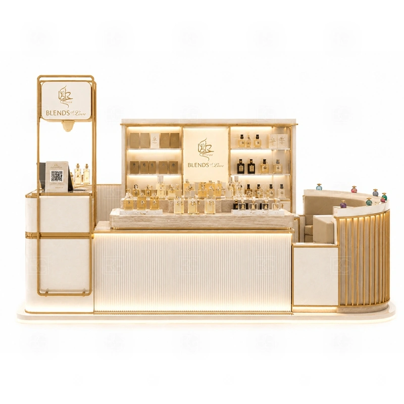 Custom Scent Bar Kiosk with Logo Tower storage detail for lockable drawers, bottle stock cabinets, tester storage, packaging space, and cable access planned for custom scent bar kiosk with logo tower