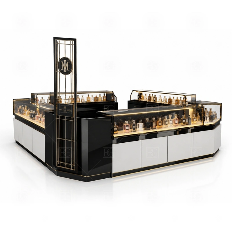 Elegant Mall Perfume Kiosk for Shopping Mall with pink boutique fragrance display shown in the elegant mall perfume kiosk for shopping mall product photos for fragrance and perfume retail