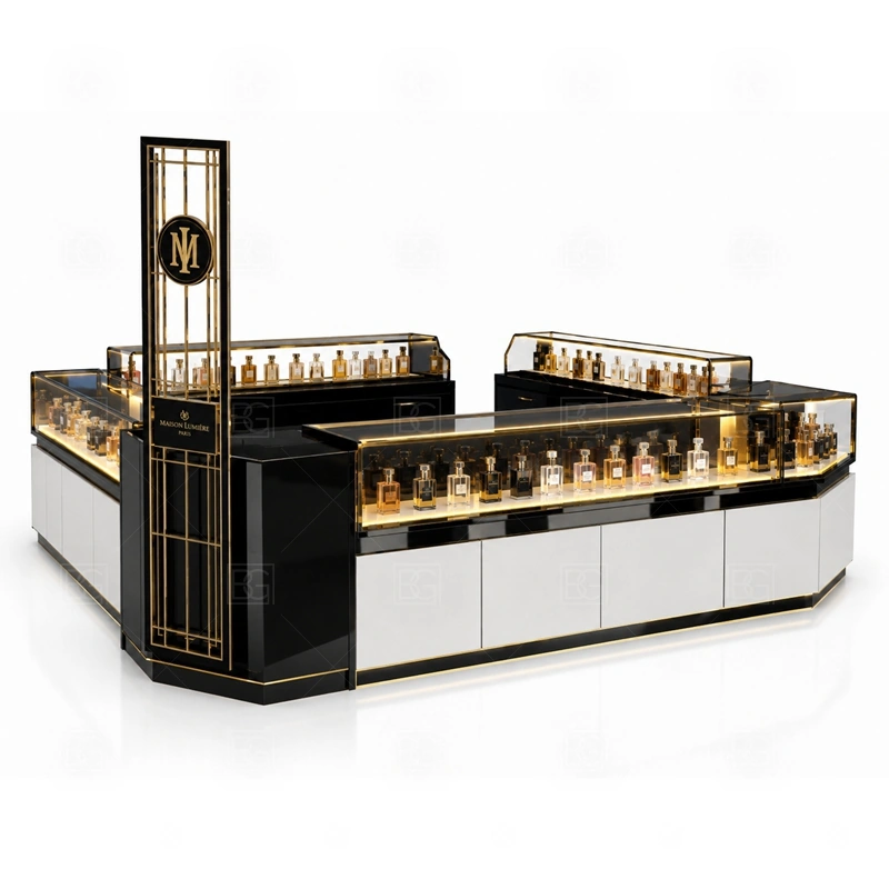 Elegant Mall Perfume Kiosk for Shopping Mall layout showing shopping mall perfume kiosk layout with display counters, storage, and cashier planning shown in the elegant mall perfume kiosk for shopping mall product photos, with brand-led retail locations where signage and product visibility need to work together