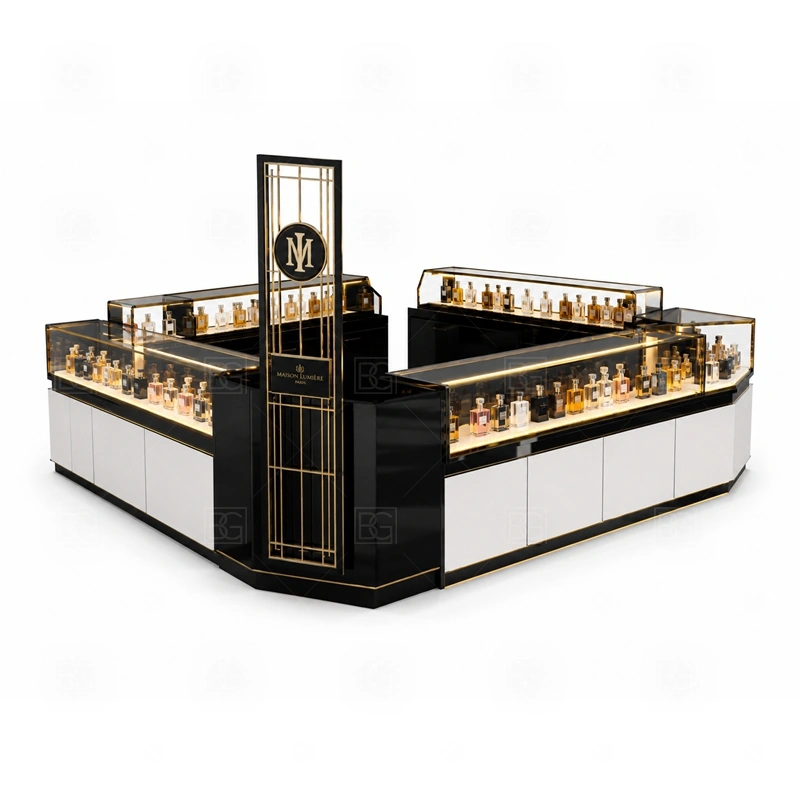 Elegant Mall Perfume Kiosk for Shopping Mall display detail for perfume bottle displays, glass counters, and small product shelving planned for perfume bottles, testers, gift sets, fragrance boxes, and small beauty products, arranged around the visible showcase rhythm of Elegant Mall Perfume Kiosk for Shopping Mall