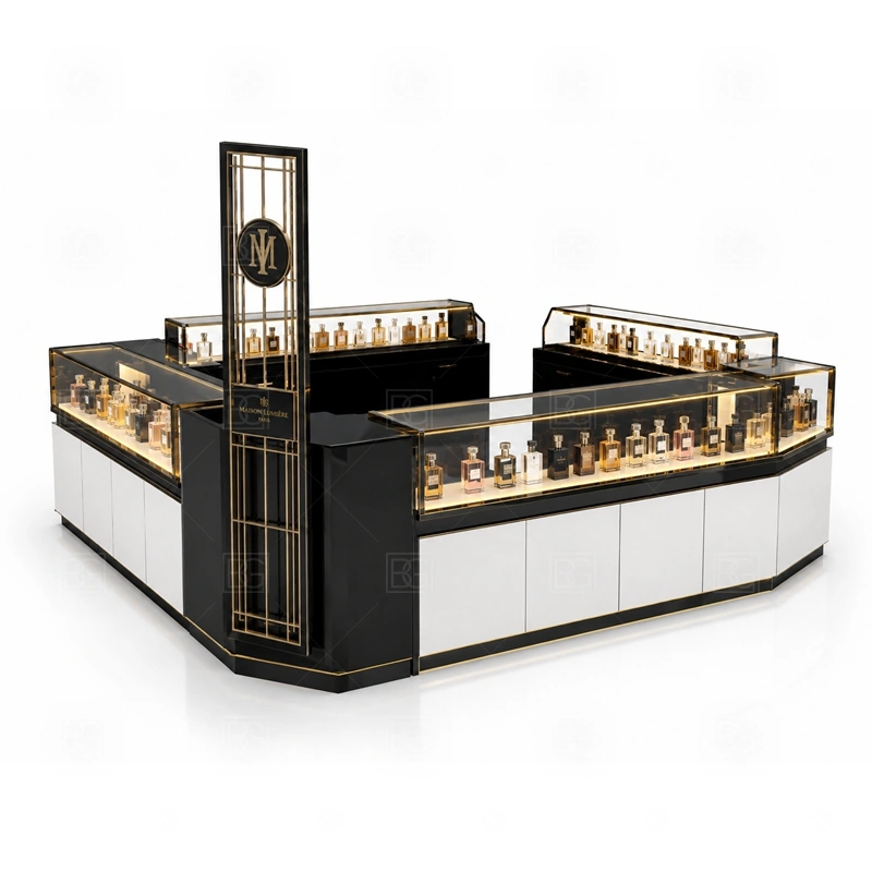 Elegant Mall Perfume Kiosk for Shopping Mall branding detail for custom logo signage and brand color presentation coordinated with fragrance brand color, logo panels, front graphics, and mall visibility needs, tuned to the logo position and visible brand surfaces of Elegant Mall Perfume Kiosk for Shopping Mall
