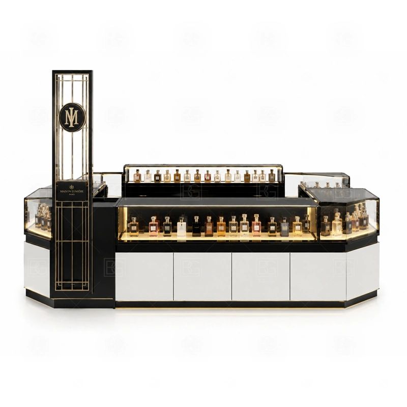 Elegant Mall Perfume Kiosk for Shopping Mall storage detail for lockable drawers, bottle stock cabinets, tester storage, packaging space, and cable access planned for elegant mall perfume kiosk for shopping mall