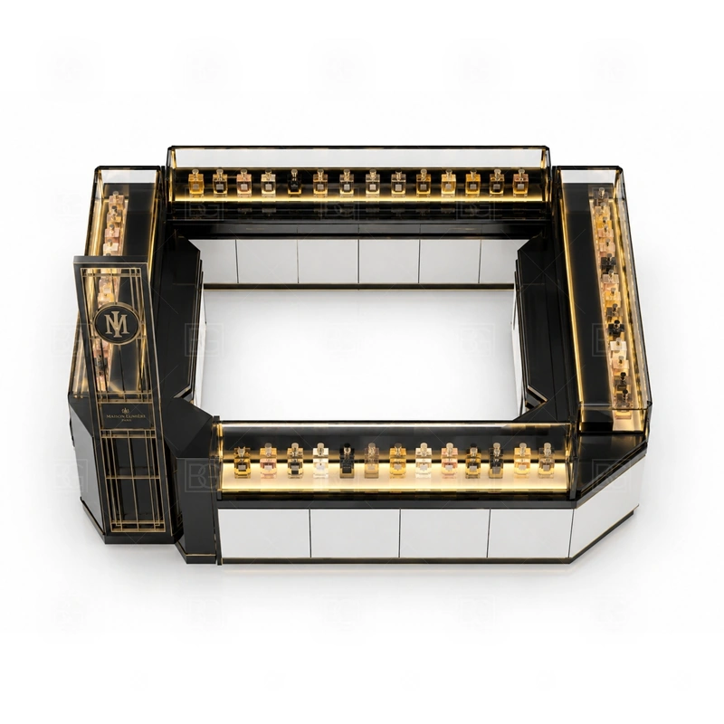 Elegant Mall Perfume Kiosk for Shopping Mall buyer planning detail for Elegant Mall Perfume Kiosk for Shopping Mall target size, bottle display quantity, tester counter size, logo sign dimensions, glass showcase size, lighting color, mall rules, destination country