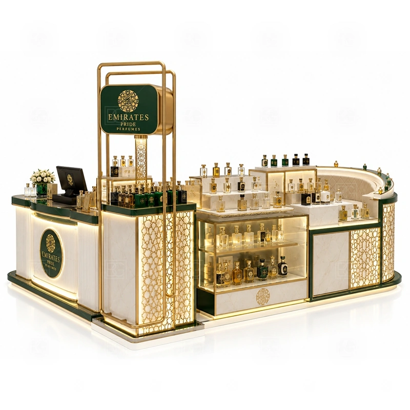 Elegant Perfume Display Counter with Lockable Storage with multi-side customer browsing shown in the elegant perfume display counter with lockable storage product photos for fragrance and perfume retail