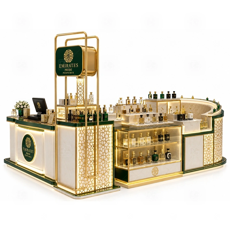 Elegant Perfume Display Counter with Lockable Storage layout showing shopping mall perfume kiosk layout with display counters, storage, and cashier planning shown in the elegant perfume display counter with lockable storage product photos, with brand-led retail locations where signage and product visibility need to work together