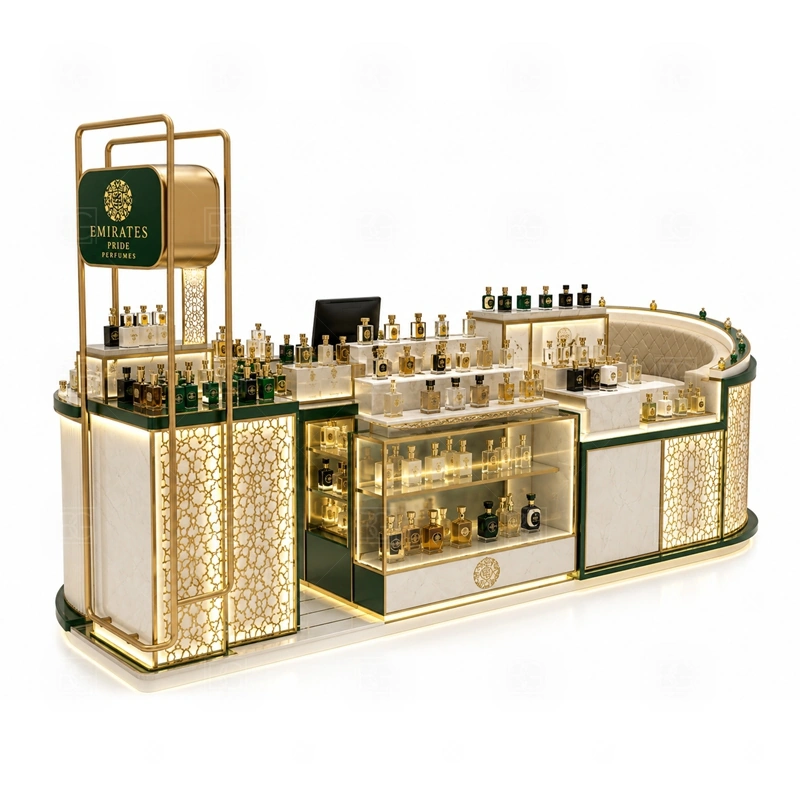Elegant Perfume Display Counter with Lockable Storage display detail for perfume bottle displays, glass counters, and small product shelving planned for perfume bottles, testers, gift sets, fragrance boxes, and small beauty products, arranged around the visible showcase rhythm of Elegant Perfume Display Counter with Lockable Storage
