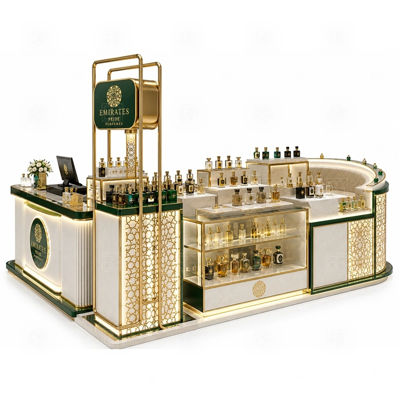 Elegant Perfume Display Counter with Lockable Storage branding detail for premium logo signage with coordinated gold trim details coordinated with fragrance brand color, logo panels, front graphics, and mall visibility needs, tuned to the logo position and visible brand surfaces of Elegant Perfume Display Counter with Lockable Storage