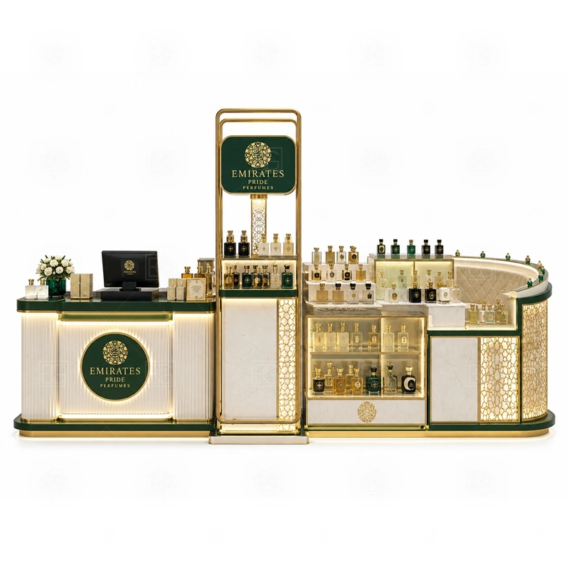 Elegant Perfume Display Counter with Lockable Storage storage detail for lockable drawers, bottle stock cabinets, tester storage, packaging space, and cable access planned for elegant perfume display counter with lockable storage