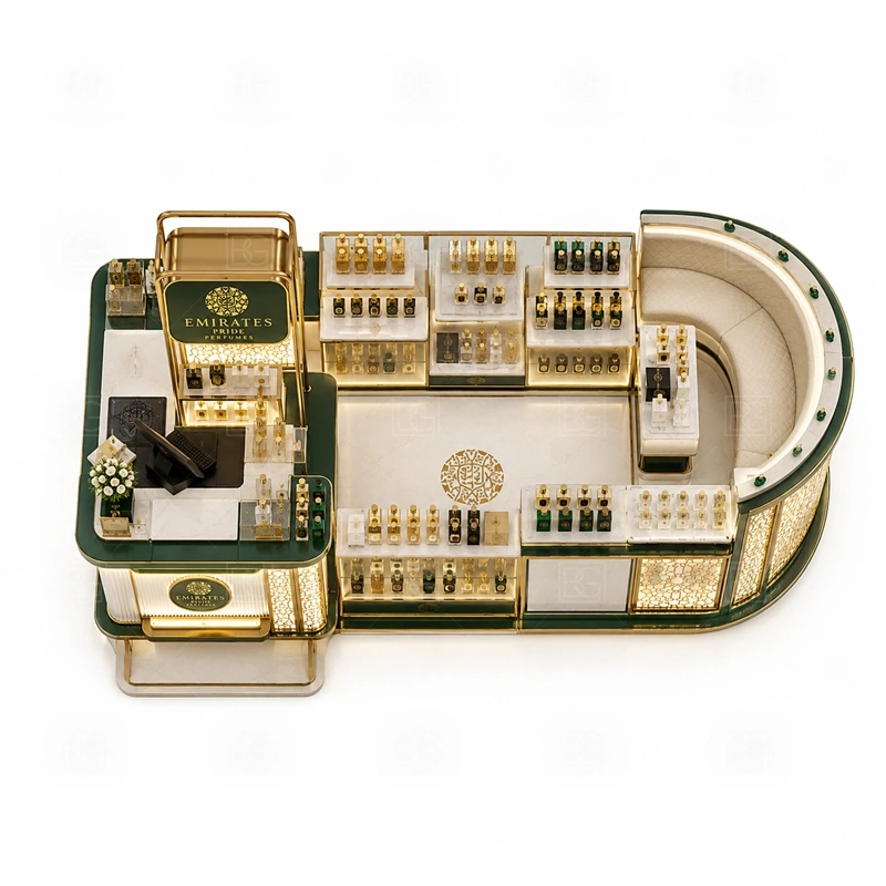 Elegant Perfume Display Counter with Lockable Storage buyer planning detail for Elegant Perfume Display Counter with Lockable Storage target size, bottle display quantity, tester counter size, logo sign dimensions, glass showcase size, lighting color, mall rules, destination country