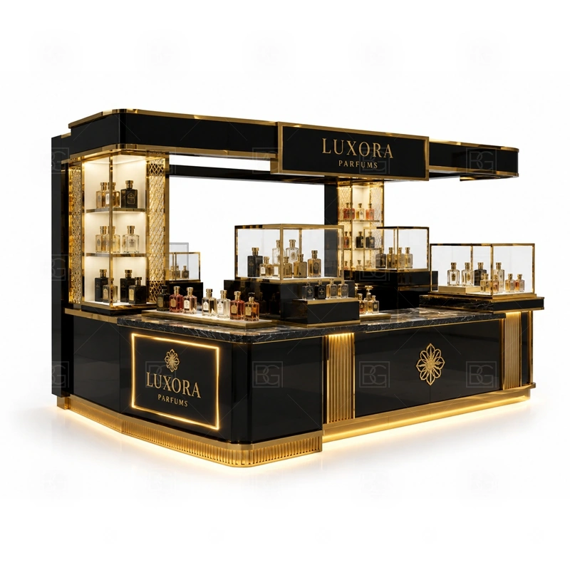 Fragrance Bar Fragrance Kiosk with Logo Tower with glass showcase and product shelving shown in the fragrance bar fragrance kiosk with logo tower product photos for fragrance and perfume retail