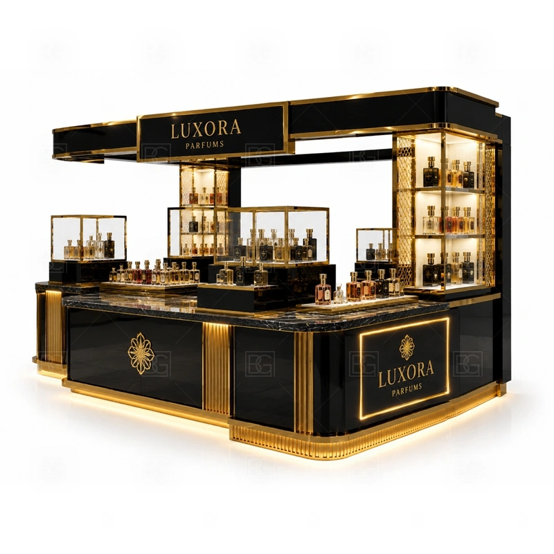 Fragrance Bar Fragrance Kiosk with Logo Tower layout showing shopping mall perfume kiosk layout with display counters, storage, and cashier planning shown in the fragrance bar fragrance kiosk with logo tower product photos, with front-facing mall traffic with a clear customer approach and staff side behind the counter