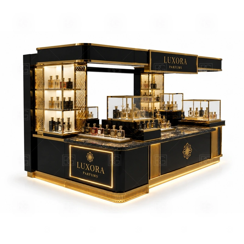Fragrance Bar Fragrance Kiosk with Logo Tower display detail for tempered glass showcases and visible perfume bottle display zones planned for perfume bottles, testers, gift sets, fragrance boxes, and small beauty products, arranged around the visible showcase rhythm of Fragrance Bar Fragrance Kiosk with Logo Tower