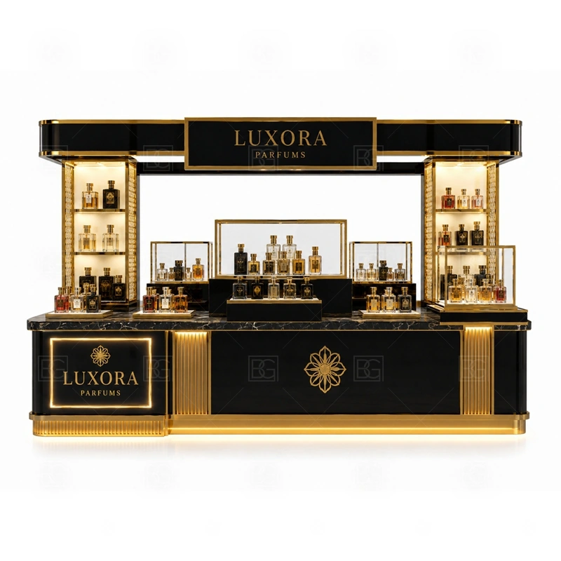 Fragrance Bar Fragrance Kiosk with Logo Tower branding detail for tall logo tower and warm LED brand lighting coordinated with fragrance brand color, logo panels, front graphics, and mall visibility needs, tuned to the logo position and visible brand surfaces of Fragrance Bar Fragrance Kiosk with Logo Tower