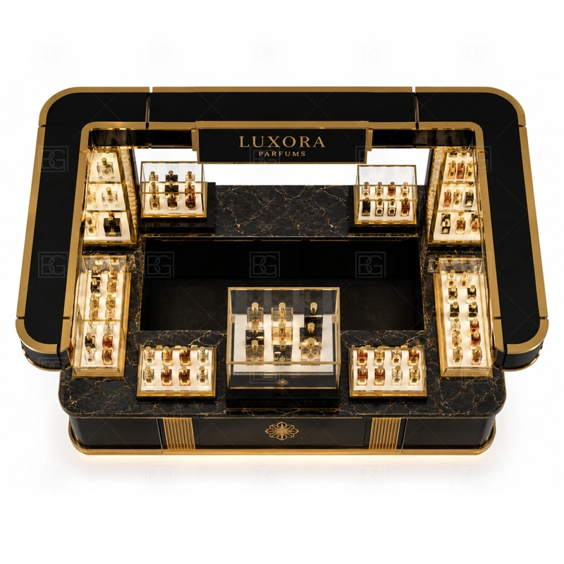 Fragrance Bar Fragrance Kiosk with Logo Tower storage detail for lockable drawers, bottle stock cabinets, tester storage, packaging space, and cable access planned for fragrance bar fragrance kiosk with logo tower