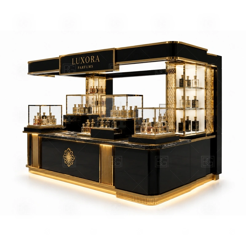 Fragrance Bar Fragrance Kiosk with Logo Tower buyer planning detail for Fragrance Bar Fragrance Kiosk with Logo Tower target size, bottle display quantity, tester counter size, logo sign dimensions, glass showcase size, lighting color, mall rules, destination country