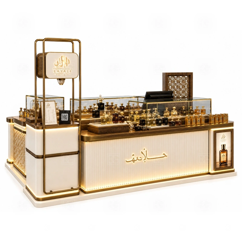 Fragrance Bar Retail Perfume Booth for Sale layout showing shopping mall perfume kiosk layout with display counters, storage, and cashier planning shown in the fragrance bar retail perfume booth for sale product photos, with front-facing mall traffic with a clear customer approach and staff side behind the counter