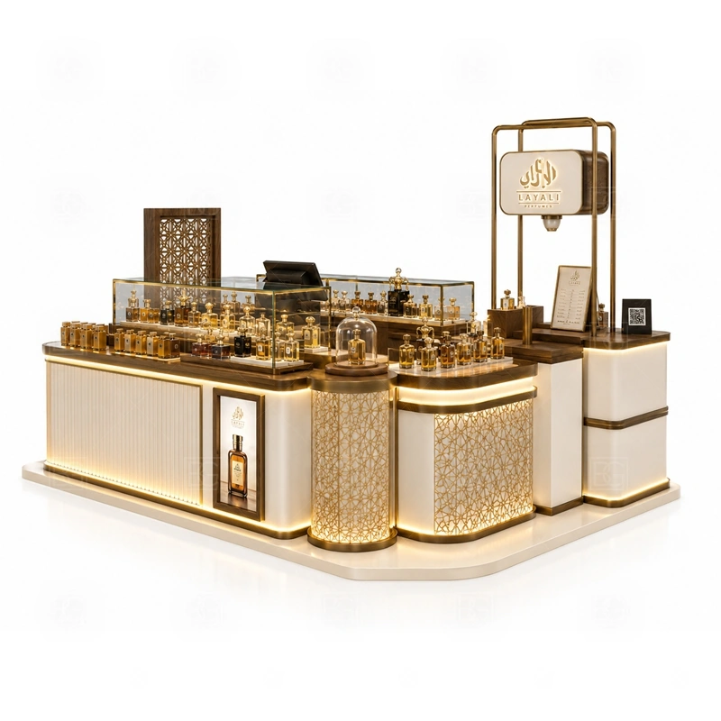 Fragrance Bar Retail Perfume Booth for Sale display detail for tester counter, scent bar area, and bottle display shelves planned for perfume bottles, testers, gift sets, fragrance boxes, and small beauty products, arranged around the visible showcase rhythm of Fragrance Bar Retail Perfume Booth for Sale