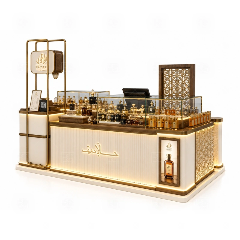Fragrance Bar Retail Perfume Booth for Sale branding detail for tall logo tower and warm LED brand lighting coordinated with fragrance brand color, logo panels, front graphics, and mall visibility needs, tuned to the logo position and visible brand surfaces of Fragrance Bar Retail Perfume Booth for Sale