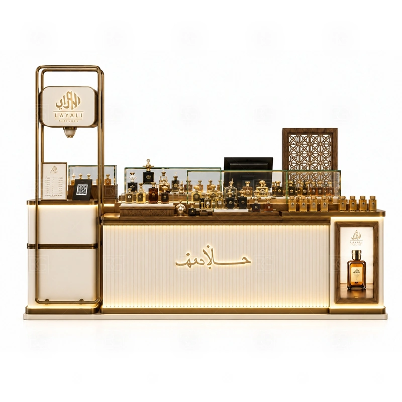 Fragrance Bar Retail Perfume Booth for Sale storage detail for lockable drawers, bottle stock cabinets, tester storage, packaging space, and cable access planned for fragrance bar retail perfume booth for sale