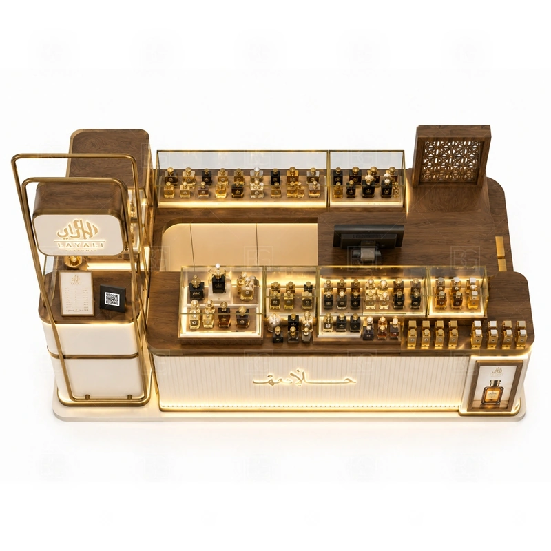 Fragrance Bar Retail Perfume Booth for Sale buyer planning detail for Fragrance Bar Retail Perfume Booth for Sale target size, bottle display quantity, tester counter size, logo sign dimensions, glass showcase size, lighting color, mall rules, destination country