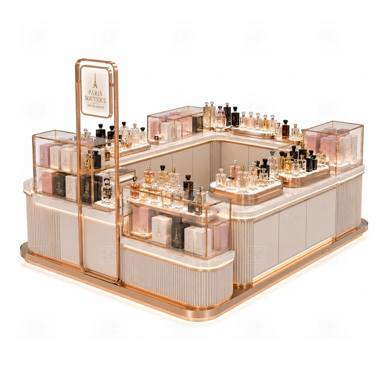 Glass Showcase Mall Perfume Kiosk Design with cashier counter and lockable storage shown in the glass showcase mall perfume kiosk design product photos for fragrance and perfume retail