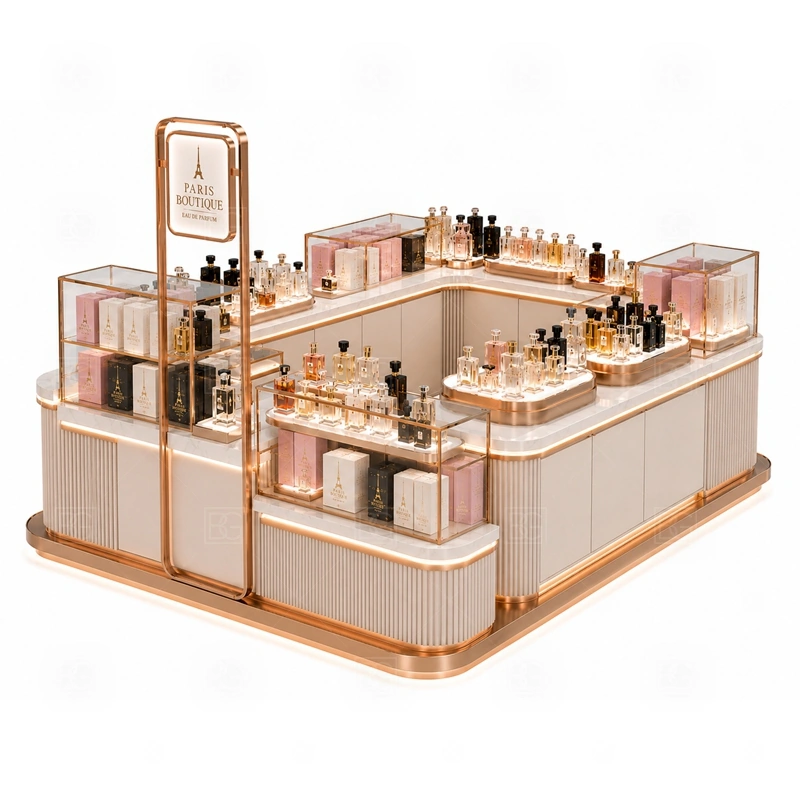 Glass Showcase Mall Perfume Kiosk Design layout showing shopping mall perfume kiosk layout with display counters, storage, and cashier planning shown in the glass showcase mall perfume kiosk design product photos, with compact lease areas where storage and customer flow must be planned carefully